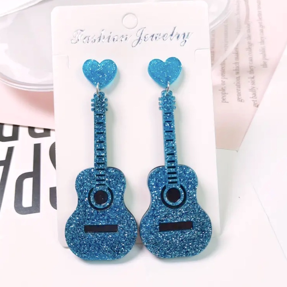 💛Blue Guitar Design Dangle Earrings Simple Classic Style Jewelry Music
